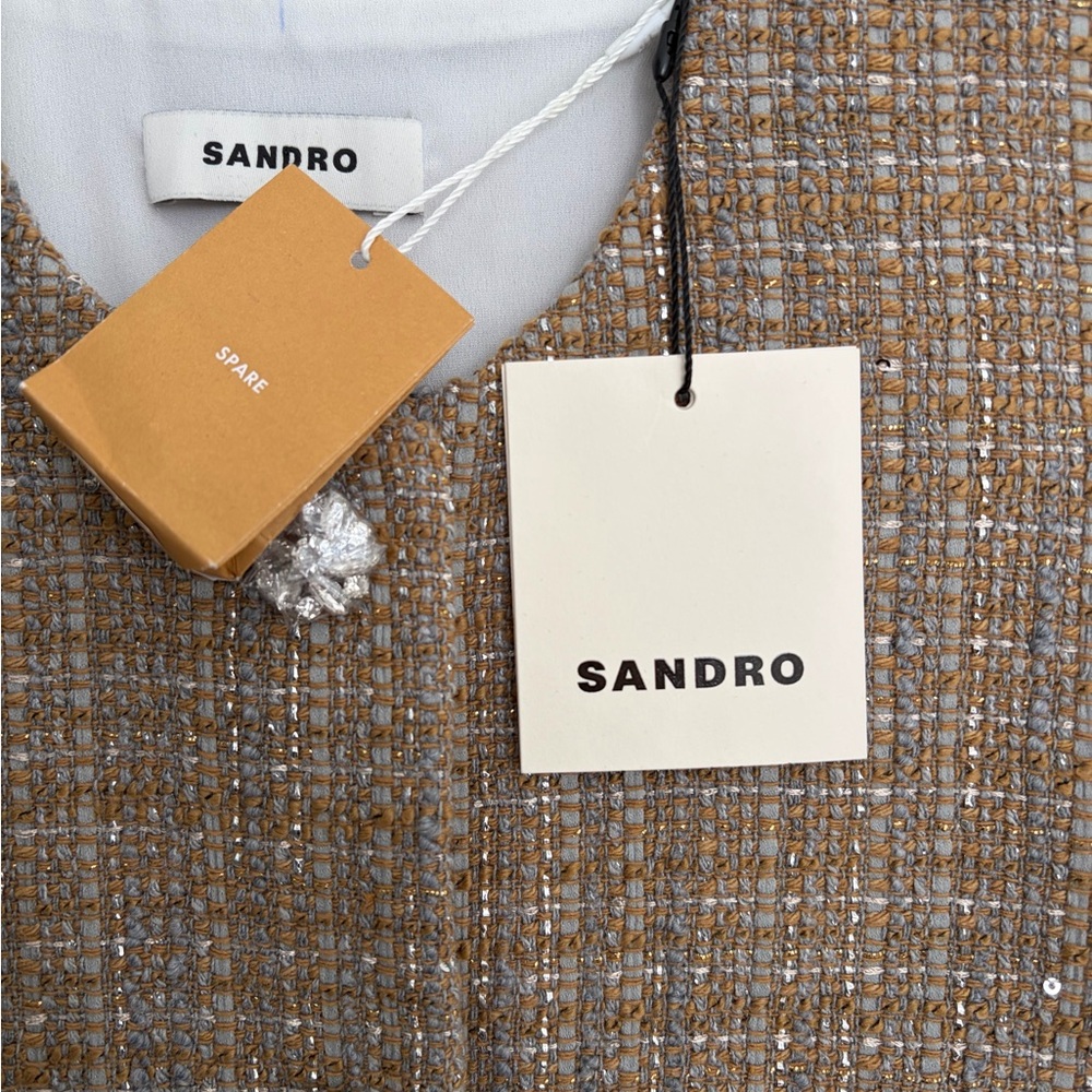 NWT Sandro Gold-Beige Tweed Dress Set with Crystal Buttons - Picture 3 of 5